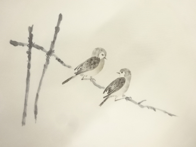 アンティーク　塩瀬手描き雀模様名古屋帯